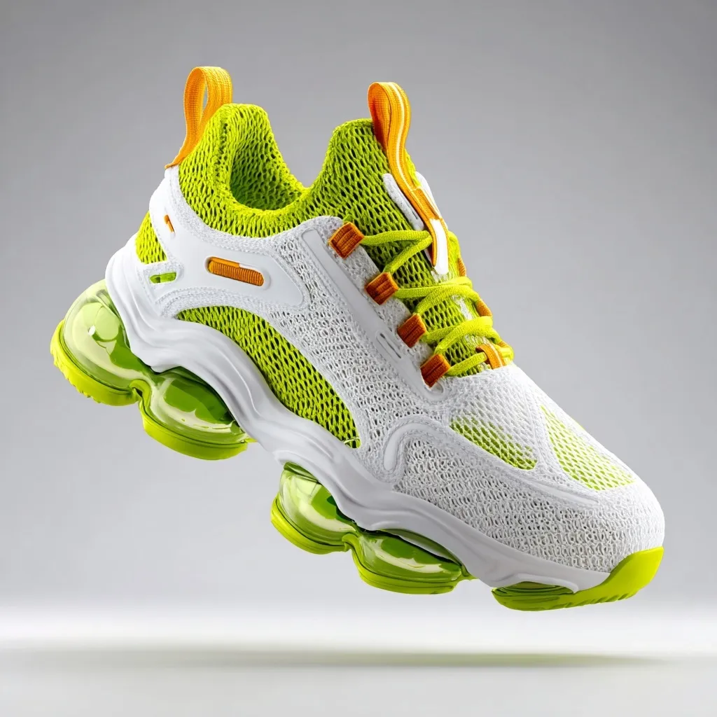 A vibrant lime green and white sneaker with a chunky, translucent lime green sole is showcased against a neutral gray backdrop.  The shoe features a breathable mesh upper, accented with orange laces and pull tabs. Its modern design and bold color scheme make it stand out. The image highlights the shoe's unique features and comfort.