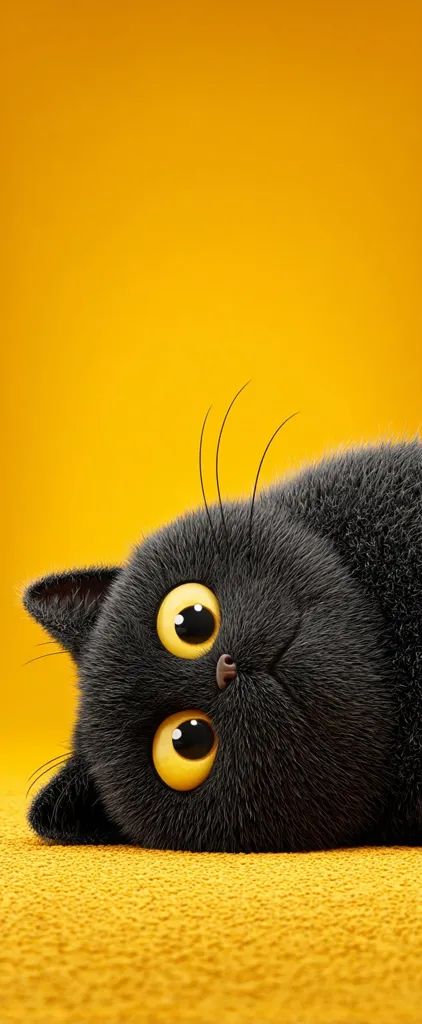 A fluffy black cat with large, expressive yellow eyes lies on its back against a vibrant yellow background.  Its fur is thick and soft-looking, and its expression is playful and curious. The contrast between the black cat and the yellow backdrop creates a striking and visually appealing image.  The cat's body is slightly curved, adding to its charming appearance.