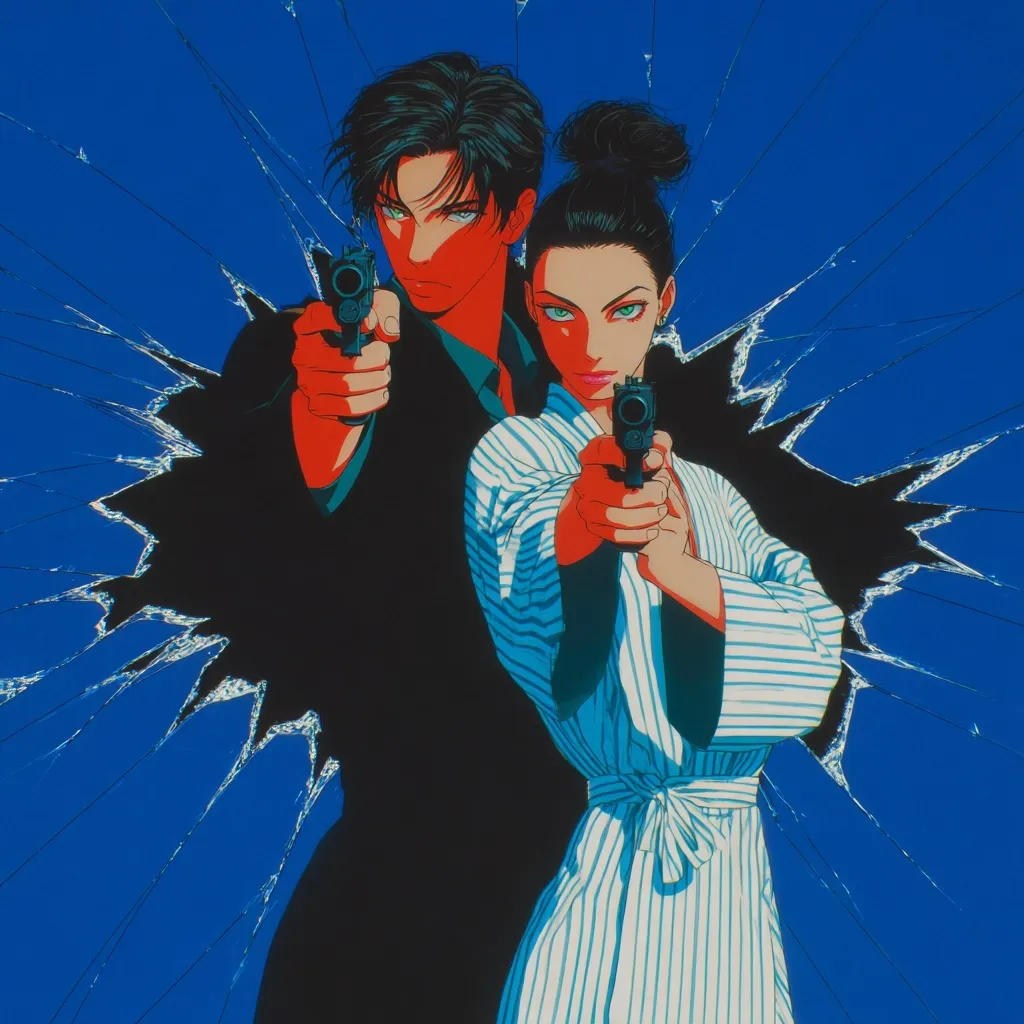 A stylized illustration depicts a man and woman, both aiming handguns.  The vibrant, contrasting colors and sharp lines create a dynamic composition. They are positioned against a backdrop of shattered blue glass, suggesting action and tension. The woman is dressed in a striped robe, while the man wears a dark suit.  The overall aesthetic is reminiscent of anime or manga, with bold graphic elements.
