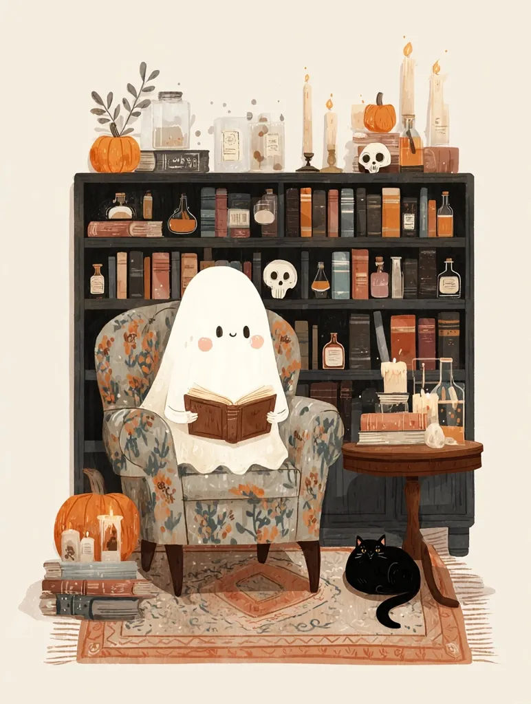 A charming illustration depicts a friendly ghost cozily nestled in an armchair, engrossed in a book.  The setting is a Halloween-themed room, complete with a dark bookcase filled with books and apothecary jars, pumpkins, candles, and a black cat resting nearby.  The overall aesthetic is warm, inviting, and subtly spooky.  The scene is rendered in soft, autumnal colors.