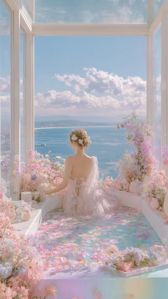 A woman in a flowing, light pink dress sits in a pastel-colored bath surrounded by an abundance of delicate flowers.  The bath is situated in a bright, sunlit room with floor-to-ceiling windows offering a stunning view of a calm ocean and sky. The overall aesthetic is dreamy and ethereal, reminiscent of a fairytale.  Flower petals float on the water's surface, enhancing the magical atmosphere.