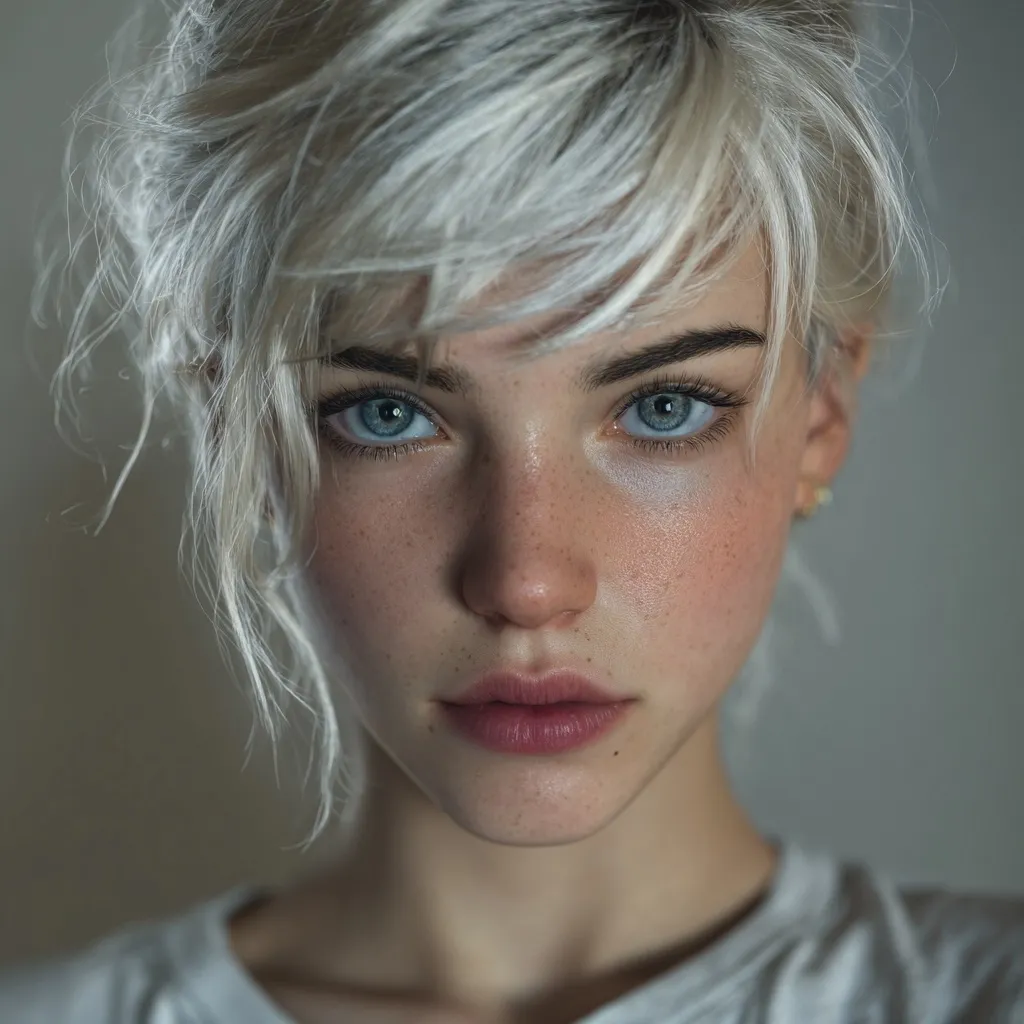 Close-up portrait of a young woman with short, tousled platinum blonde hair.  Her striking light blue eyes and fair complexion, adorned with freckles, are prominent features.  She has a neutral expression, and her soft, pink lips are slightly parted.  She is wearing a simple white t-shirt. The image has a soft, slightly muted color palette.
