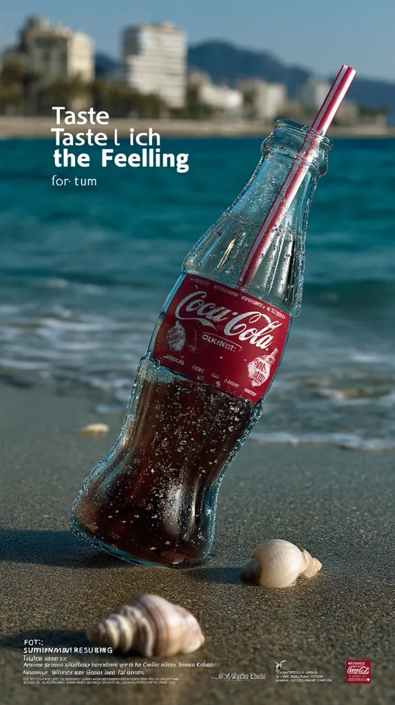 A Coca-Cola bottle sits on a sandy beach, partially submerged in the wet sand.  The bottle is wet, and a straw protrudes from it.  The ocean and distant buildings are blurred in the background. The tagline "Taste Taste the Feeling" is prominently displayed.  Shells lie near the bottle. The overall mood is one of relaxation and enjoyment.