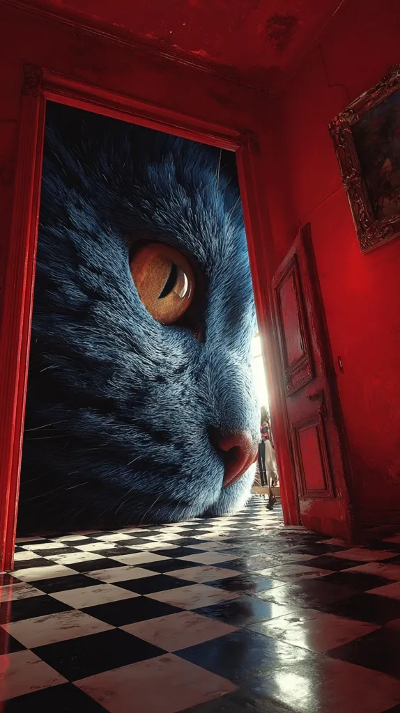 A surreal image depicts a giant, blue cat's face filling a doorway in a dilapidated, red-walled room.  The cat's eye gazes intently, its nose almost touching the checkerboard floor.  A small figure is visible beyond the cat, creating a striking scale disparity. The overall mood is mysterious and slightly unsettling.  The red walls and ornate frame add to the gothic atmosphere.