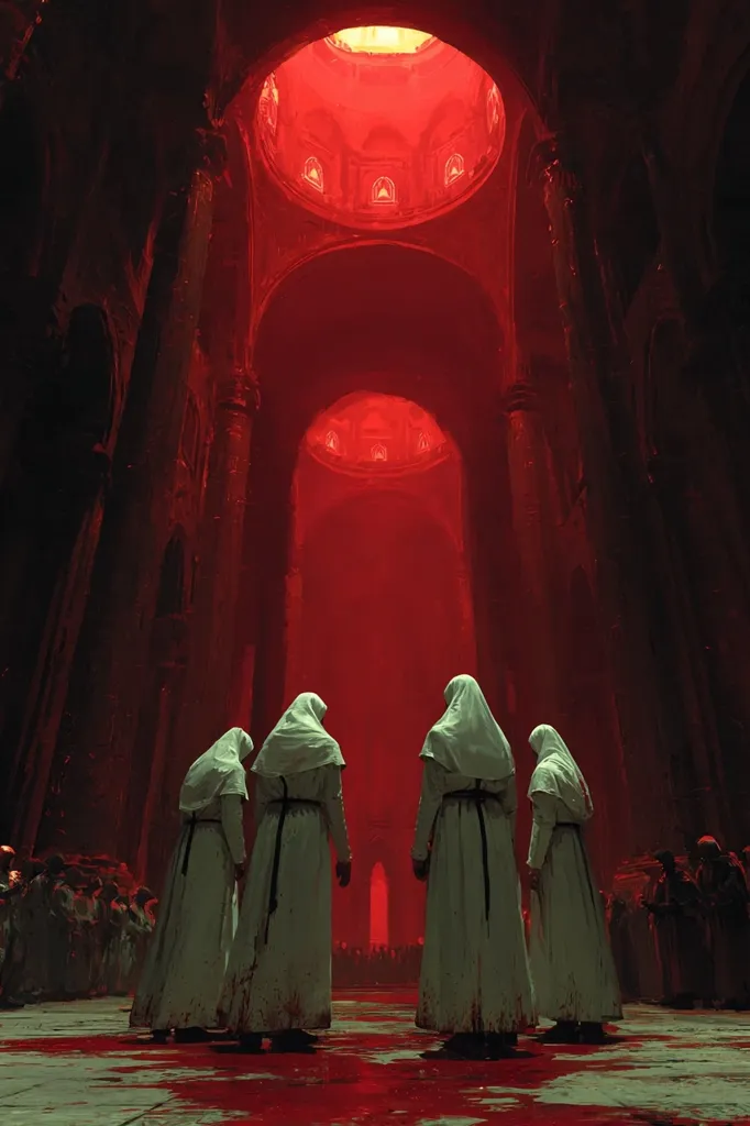 Four figures, cloaked in white robes stained with blood, stand in a vast, crimson-lit cathedral.  The architectural details are gothic, with towering arches and domed ceilings glowing with an infernal light.  A crowd of onlookers, indistinct in the red haze, fills the background, creating a scene of chilling religious ritual or horrific massacre.  The overall atmosphere is dark, ominous, and deeply unsettling.