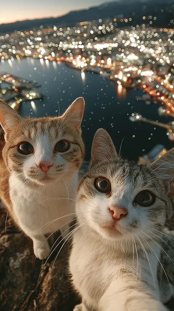 Two adorable cats take a selfie against a breathtaking backdrop of a city skyline glittering with lights at night.  The orange and white tabby and the grey and white tabby gaze directly at the camera, their expressions both curious and charming.  The blurred city lights and implied height suggest a dramatic, perhaps elevated, viewpoint.