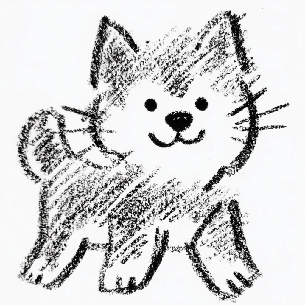 A charming charcoal sketch depicts a playful puppy, possibly a Shiba Inu, with its tail wagging.  The simple yet expressive lines create a childlike, endearing image. The puppy's happy face and stance convey a sense of joyful energy.  The textured charcoal strokes add depth and character to the drawing.
