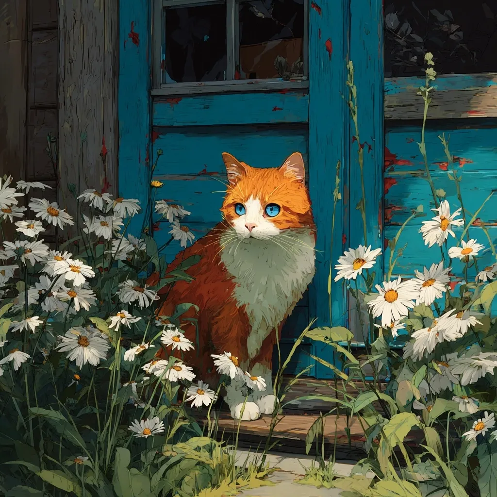 A vibrant orange and white cat with striking blue eyes sits serenely amidst a profusion of white daisies.  The cat is perched by a weathered, teal-colored wooden door of a rustic building, bathed in sunlight. The scene is painted in a style that blends realism with artistic expression, creating a charming and peaceful image. The contrast between the cat's warm fur and the cool blue of the door enhances the overall aesthetic.