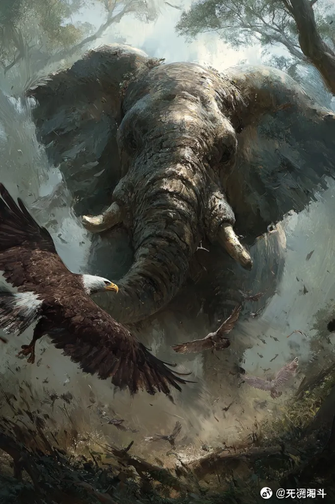 A colossal elephant dominates the foreground, its massive form filling the frame.  A bald eagle swoops in close proximity, its wings outstretched.  Smaller birds scatter in the misty, jungle atmosphere, creating a dramatic scene of power and nature's raw energy. The elephant's textured skin and the eagle's sharp gaze emphasize the intensity of the moment.