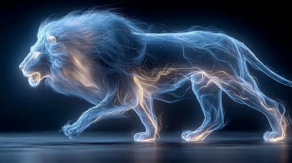 A digital rendering depicts a lion in motion, its form composed of luminous, flowing lines of light.  The mane and body are rendered in shades of cool blue, with accents of warm, golden light highlighting its muscular structure.  The lion appears to be running, its powerful legs extended. The overall effect is ethereal and dynamic.