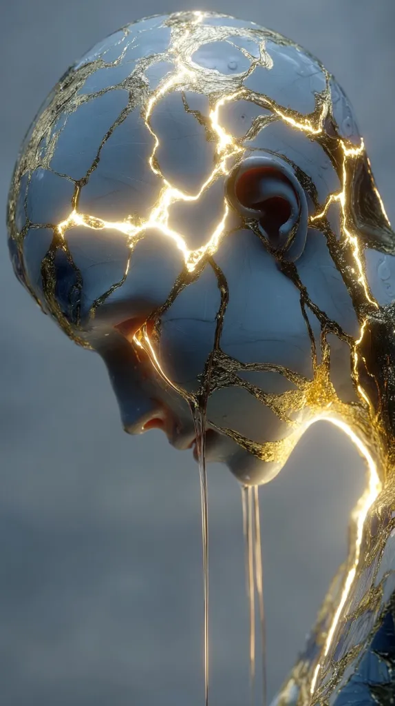 A digital art piece depicts a humanoid figure with a cracked surface, revealing glowing golden veins.  The figure's head is bowed, and golden liquid drips from its face, creating a sense of vulnerability and fragility. The overall aesthetic is one of ethereal beauty and melancholic introspection. The contrast between the cool grey and warm gold enhances the dramatic effect.