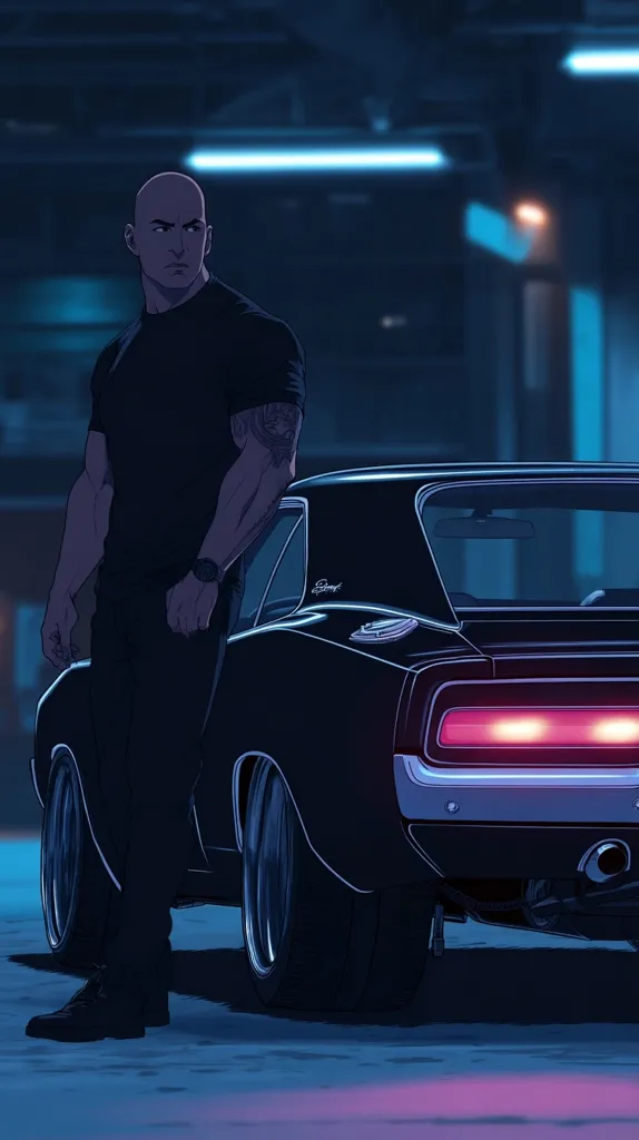 A stylized illustration depicts Vin Diesel, seemingly as Dom Toretto from the Fast and Furious franchise. He stands beside a classic black Dodge Charger, his muscular build and serious expression highlighted against the dimly lit urban backdrop. The artwork's sharp lines and cool color palette create a cinematic mood, reminiscent of the film series' aesthetic. The overall impression is one of strength, determination, and a hint of brooding intensity.