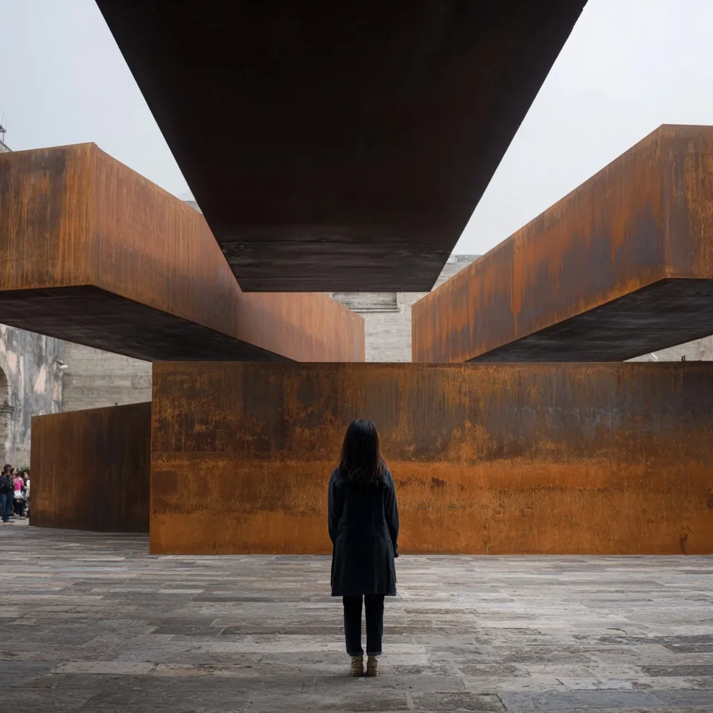 A woman stands in contemplation before a striking modern art installation.  Large, rusted-steel rectangular structures, some suspended overhead, create a dramatic, geometric space.  The interplay of light and shadow on the weathered metal is captivating, emphasizing the stark beauty of the design. The scene is both minimalist and imposing, showcasing a powerful contrast between human scale and monumental architecture.