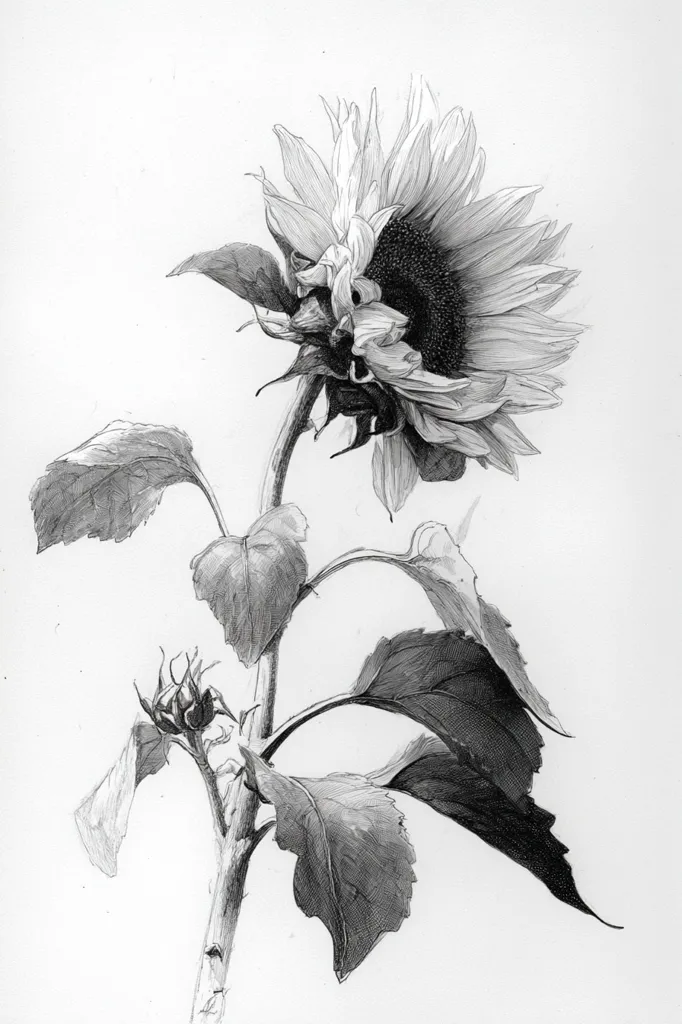 A detailed pencil sketch of a sunflower, rendered in grayscale. The sunflower is depicted in profile, its large head slightly tilted, showcasing the intricate detail of its petals and dark center.  The stem, leaves, and a smaller, unopened bud are meticulously drawn, highlighting the texture and form of the plant. The shading creates a three-dimensional effect, giving the drawing a realistic quality.