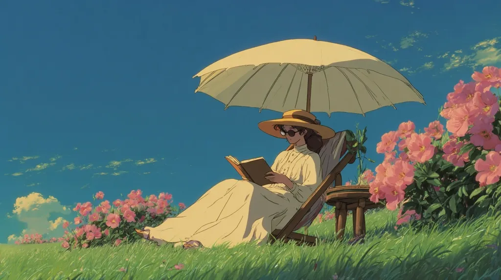 A woman in a sunhat and light-colored dress reclines in a wooden chair under a parasol.  She reads a book peacefully in a field of vibrant pink flowers under a clear blue sky with wispy clouds. The scene is serene and idyllic, evoking a sense of calm and tranquility.  A small wooden table sits beside her. The style is reminiscent of animation.