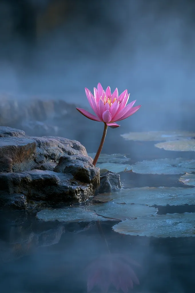 A serene pink water lily blossoms amidst a misty, tranquil pond.  Its delicate petals unfurl near dark, wet rocks.  The water's surface is calm, reflecting the flower and the ethereal atmosphere.  A soft, bluish haze hangs in the air, enhancing the peaceful scene's tranquility.  The overall mood is one of quiet beauty and serenity.
