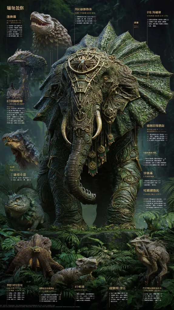 A majestic, ornate elephant dominates the center, adorned in intricate gold and green detailing.  Surrounding it are various fantastical creatures, including reptilian and dragon-like beings, all rendered with hyperrealistic detail. The scene is lush and jungle-like, enhancing the mythical quality of the artwork.  The overall aesthetic suggests a concept art piece or illustration from a fantasy world.