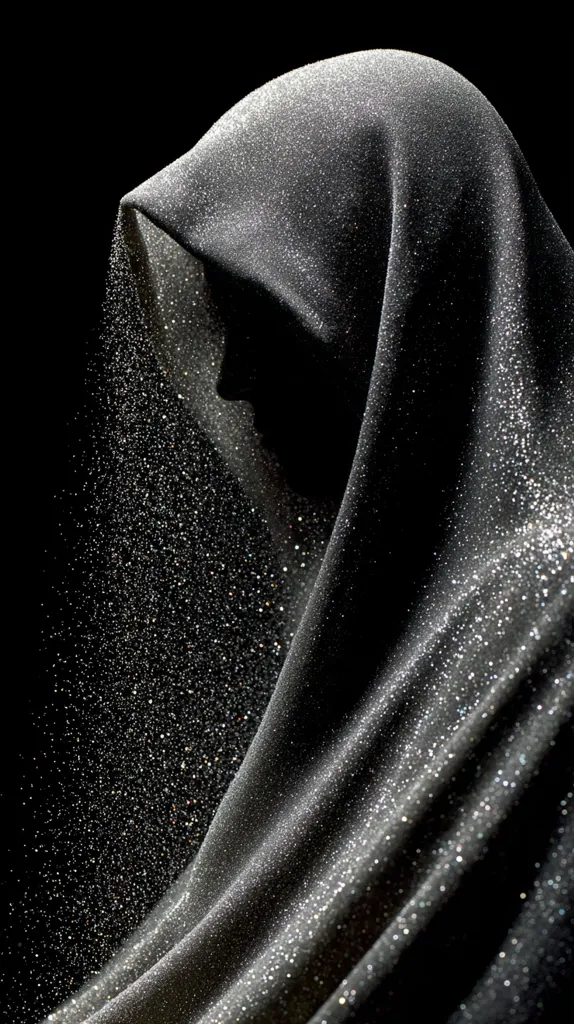 A dark, glittering fabric drapes over a figure, obscuring its face and form.  The fabric is heavily textured with shimmering particles, creating a sense of mystery and elegance.  A fine spray of sparkling dust seems to emanate from the cloth, adding to its ethereal quality against the black background. The overall effect is one of somber beauty and enigmatic grace.