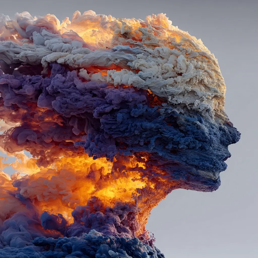 A striking digital art piece depicts a human face sculpted from swirling clouds of vibrant color.  The hues range from fiery oranges and yellows at the base to cool blues and purples at the top, creating a dynamic, almost ethereal effect.  The form is suggested rather than explicitly defined, leaving room for interpretation and emphasizing the fluidity and energy of the colors.  The overall impression is one of both power and delicacy.