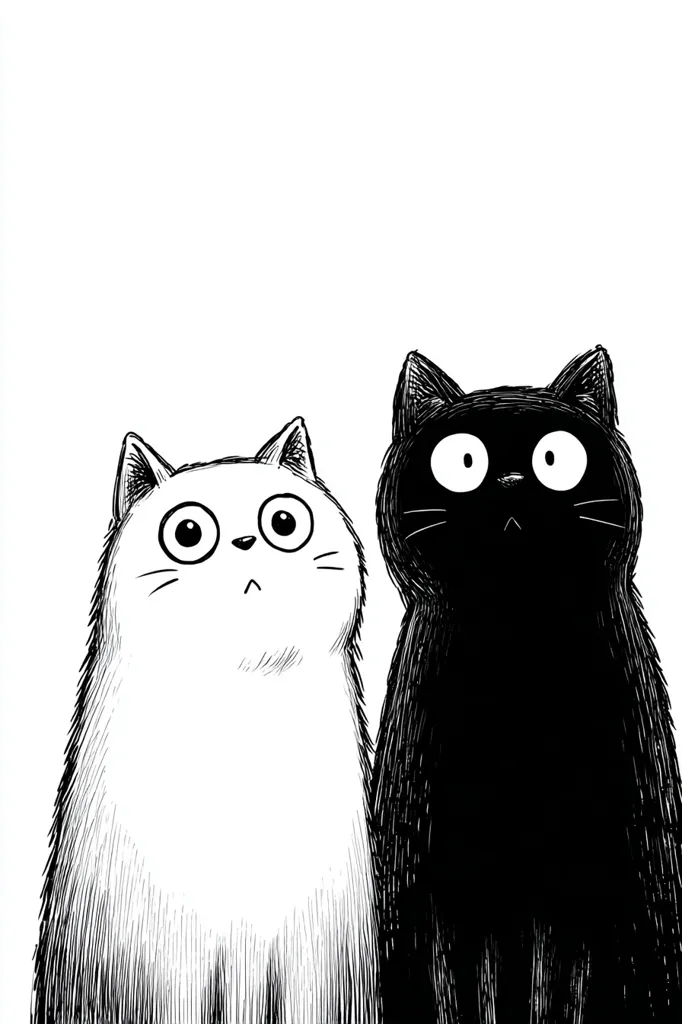 A black and white ink drawing showcases two cats side-by-side. The white cat, plump and round, gazes upward with wide, surprised eyes.  Beside it, a sleek black cat shares a similar expression of wide-eyed wonder.  Both cats are depicted in a simple, yet expressive style, creating a charming contrast.  The clean white background emphasizes the cats' features.