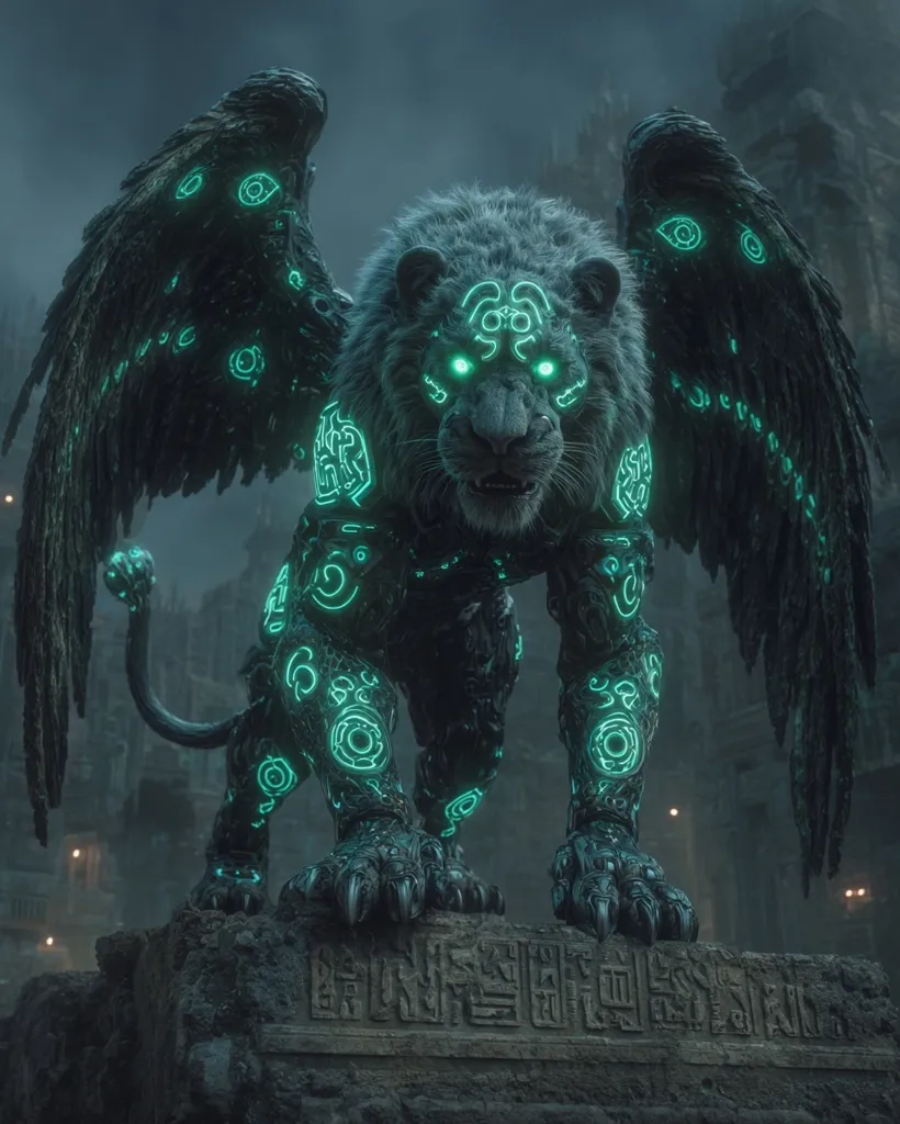 A majestic, white-furred lion with large, dark, feathered wings stands on a stone pedestal.  Its body is adorned with glowing teal runes and intricate, dark armor.  The background is a misty, ancient city, adding to the creature's mythical and powerful presence. The lion's eyes also glow with the same teal light. The overall atmosphere is dark and mysterious.