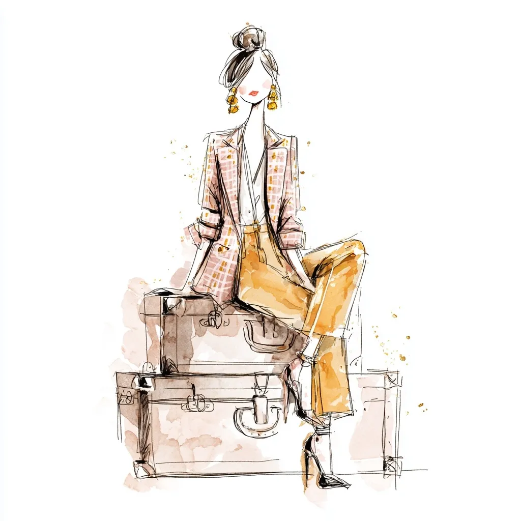 A fashion illustration depicts a stylish woman with a topknot hairstyle and gold earrings.  She's elegantly seated atop two vintage suitcases, wearing a pink and white checked blazer and mustard-colored trousers.  Her attire is completed with high-heeled ankle boots. The watercolor style gives a soft, sophisticated feel to the image. Gold speckles add a touch of shimmer.