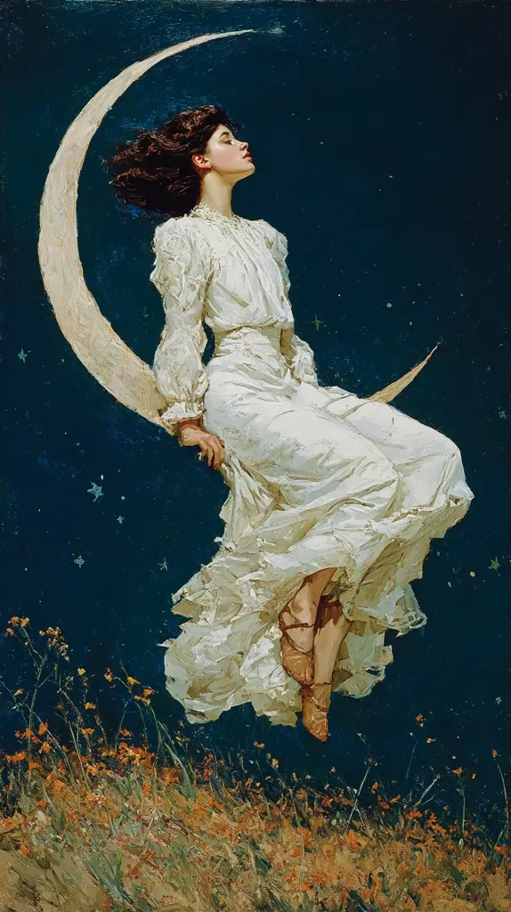 A young woman in a flowing white dress sits serenely on a crescent moon against a deep blue night sky speckled with stars.  Her dark hair cascades around her shoulders as she gazes upward, a peaceful expression on her face. The scene is dreamlike and romantic, painted with visible brushstrokes, adding to its ethereal quality.  Orange wildflowers dot the landscape below.