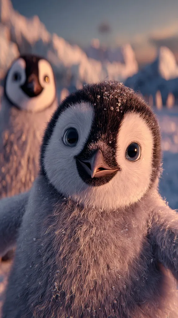 An adorable fluffy penguin chick is the focus, its large, expressive eyes and charming smile captivating.  A slightly blurred adult penguin is visible in the background, emphasizing the chick's small size.  The setting appears to be a snowy Antarctic landscape, bathed in the soft glow of either sunrise or sunset.  The image evokes feelings of warmth and cuteness.