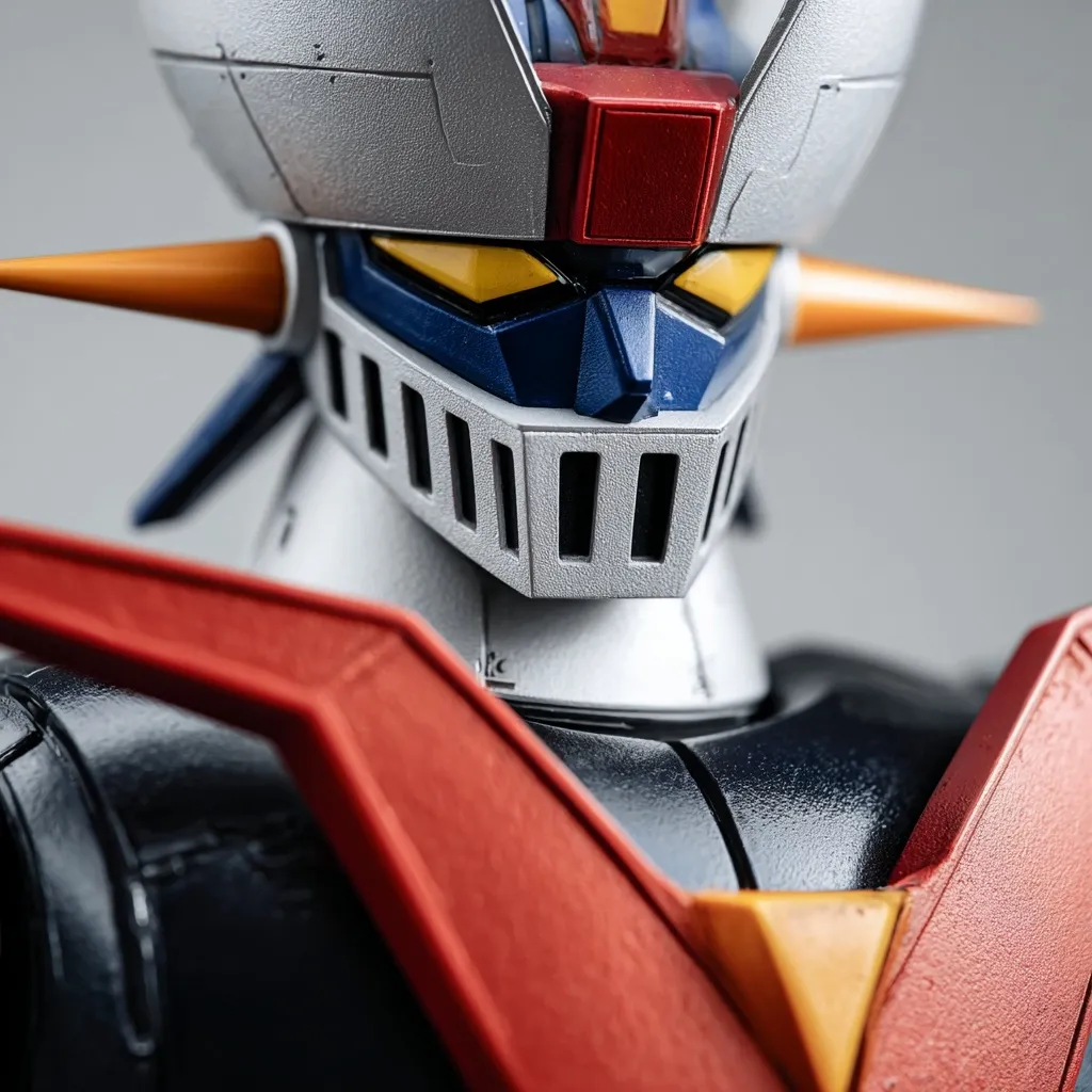 Close-up view of a meticulously detailed mecha model, possibly a robot from an anime series.  The model showcases vibrant colors—red, blue, white, and yellow—and sharp lines.  Its face is partially obscured by a helmet-like structure with a grill, hinting at a powerful and imposing presence. The focus is on the head and upper torso, highlighting the model's intricate design and high-quality finish.