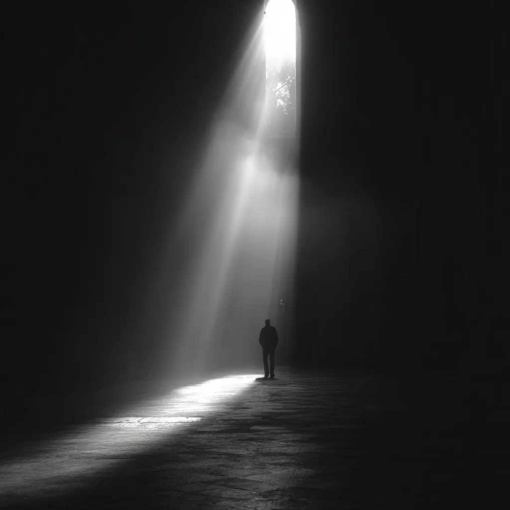 A solitary figure stands silhouetted in a dark, cavernous space.  A single beam of light, emanating from a high, arched window, illuminates the person and a path leading to it. The contrast between the darkness and the bright light creates a dramatic and evocative scene, suggesting hope, isolation, or spiritual contemplation.  The atmosphere is somber yet hopeful.