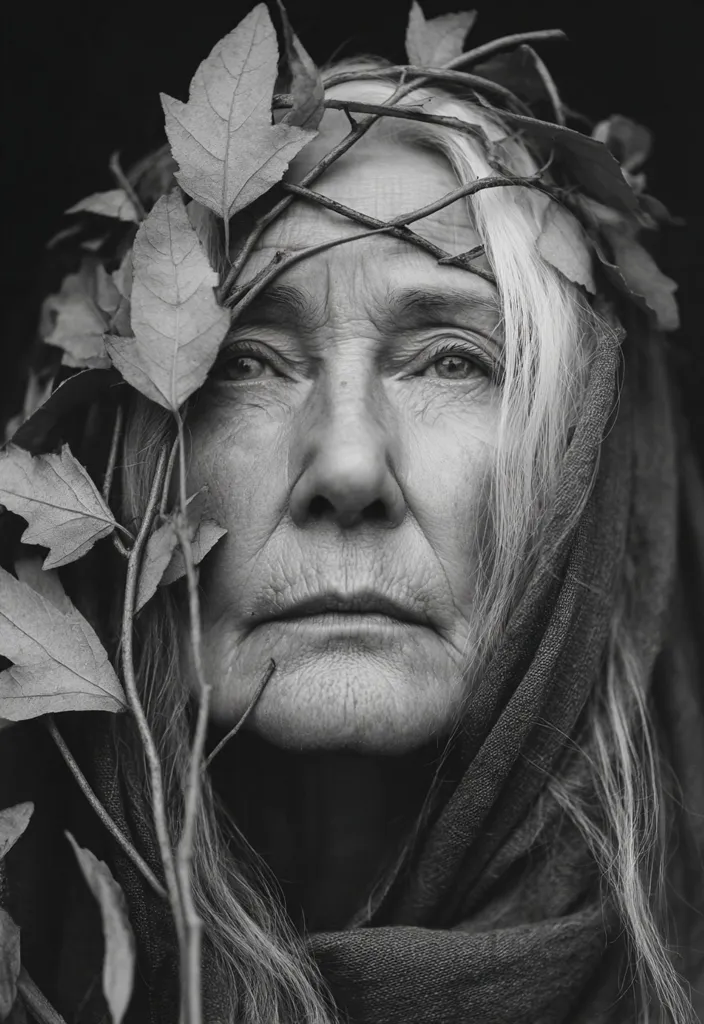 A black and white close-up portrait of an elderly woman.  Her face is lined and weathered, showing the passage of time.  Her long, gray hair is partially obscured by a dark fabric draped around her shoulders.  A crown of interwoven branches and leaves rests upon her head, creating a mystical and ethereal effect. The image evokes a sense of wisdom and connection with nature.