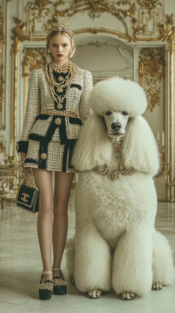 A young woman in a stylish black and white tweed suit, adorned with pearl necklaces and a headband, poses alongside a large, fluffy white standard poodle.  Both are elegantly accessorized with pearls.  The setting is a grand, ornate interior, suggesting luxury and sophistication.  The image evokes a sense of high fashion and classic beauty.