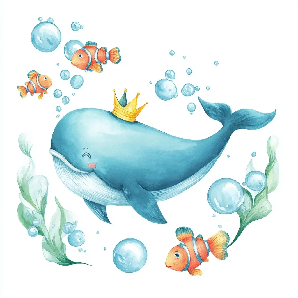A watercolor illustration depicts a friendly blue whale wearing a golden crown, swimming amidst playful bubbles and two orange clownfish.  Green seaweed adds to the underwater scene.  The style is whimsical and charming, perfect for children's decor or illustrations. The overall palette is light and airy, emphasizing the carefree underwater world.