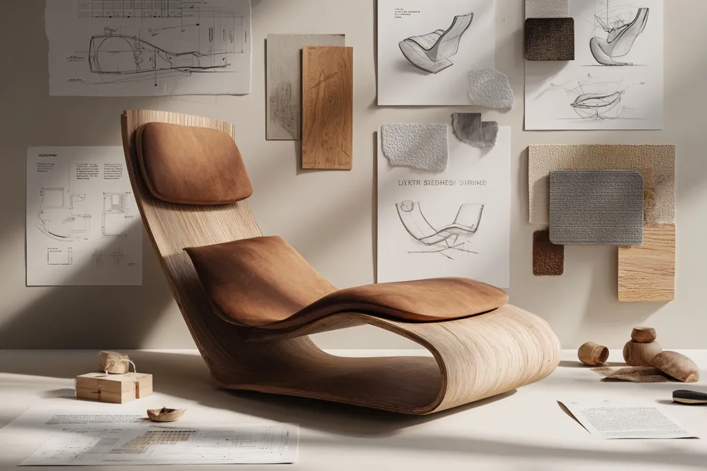 A modern, minimalist chaise lounge crafted from light-colored wood and upholstered in rich brown leather is the focal point.  Surrounding it are design sketches, fabric swatches, and wooden samples, suggesting a design studio or showroom setting.  The overall aesthetic is clean, warm, and emphasizes natural materials.  Sunlight streams in, casting soft shadows.