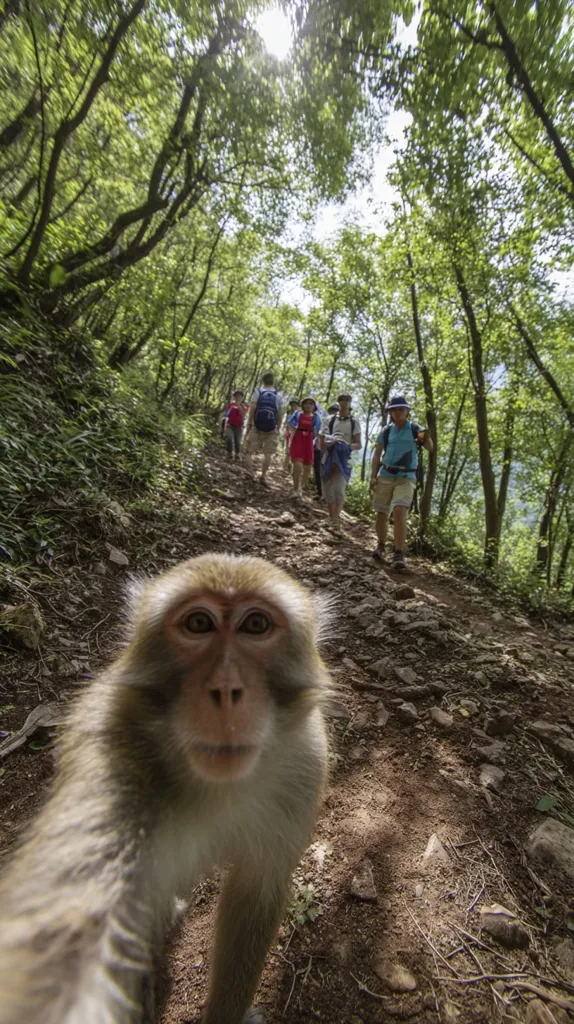 A monkey takes a selfie on a forest trail.  A group of hikers are visible in the background, walking along the dirt path lined with trees. The monkey is in the foreground, its face filling most of the frame. Sunlight filters through the leaves above.  The image has a perspective as if taken from the monkey's point of view.