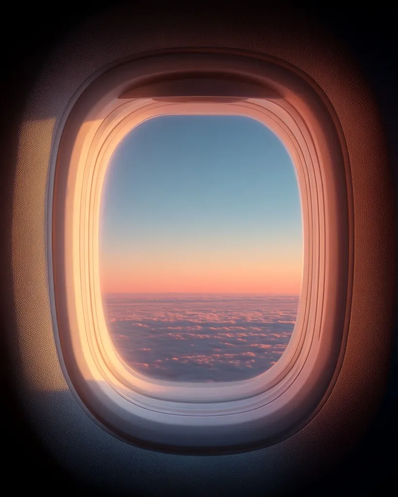 A breathtaking sunset viewed from an airplane window.  Soft pink and orange hues paint the sky above a sea of fluffy clouds stretching to the horizon. The oval window frame is subtly illuminated by the warm glow, creating a captivating contrast between the interior and exterior.  The image evokes a sense of serenity and the beauty of aerial perspective.