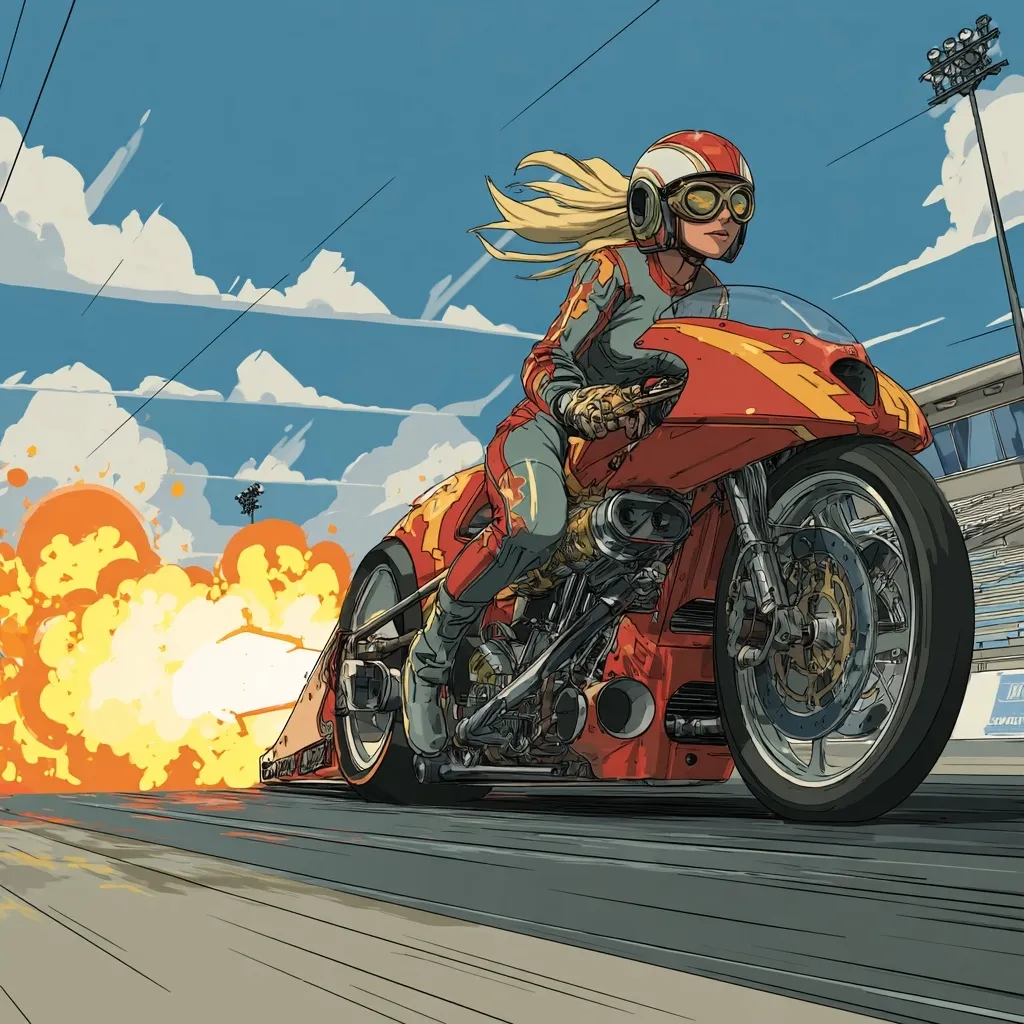 A female racer, blonde hair flowing behind her, speeds down a racetrack on a powerful, red and orange custom motorcycle.  The bike leaves a fiery trail of exhaust, suggesting high speed and intense acceleration.  The background features a bright blue sky and a portion of a grandstand, enhancing the dynamic feel of the illustration.  The style is reminiscent of comic book art.