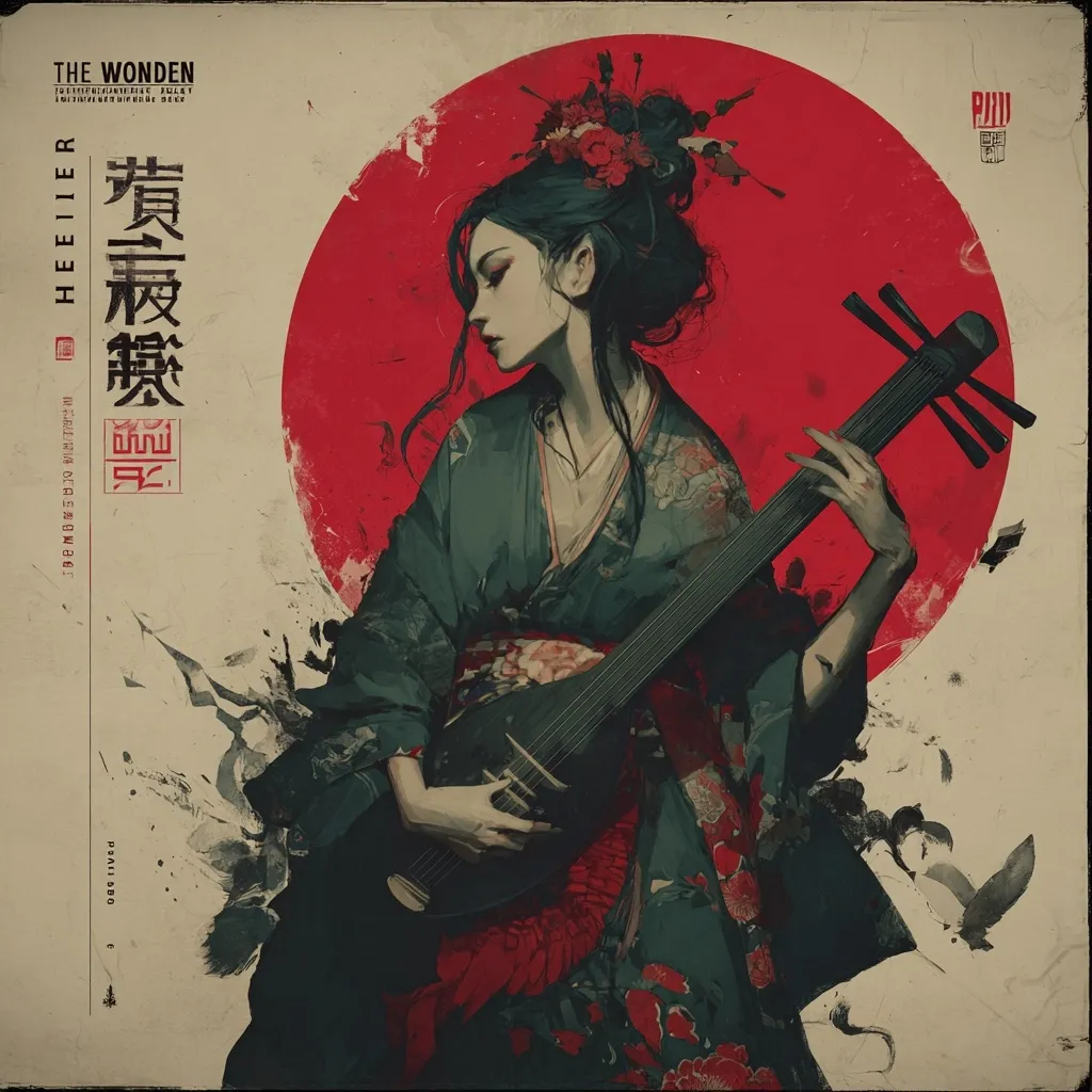 A stylized illustration depicts a woman in a kimono, playing a stringed instrument. She's positioned against a large, red circle reminiscent of a rising sun. Her dark hair is styled elaborately, adorned with red flowers. The overall aesthetic blends Japanese artistic elements with a darker, more dramatic tone.  The image has a vintage, slightly grunge feel, incorporating splashes of black paint or ink. The artist's signature is subtly included.