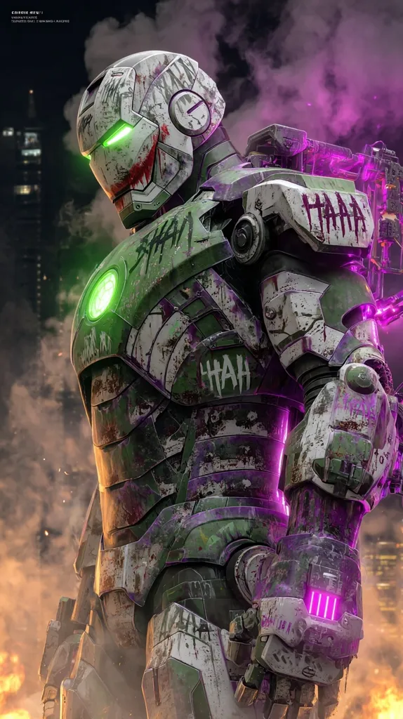 A digital artwork depicts a battered Iron Man suit, reimagined with Joker-esque aesthetics.  The armor is predominantly green and purple, splattered with what looks like blood and graffiti.  The helmet features a Joker-like grin, and the suit is heavily damaged, suggesting intense battle. The background shows a city skyline engulfed in smoke and fire. The overall style is dark and gritty, a fusion of superhero and villain aesthetics.