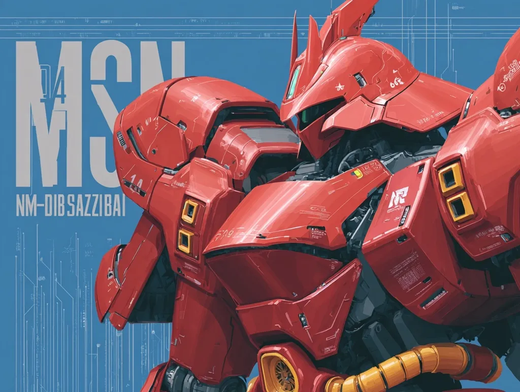 A close-up illustration showcases the MSN-04 Sazabi, a colossal red mobile suit.  The artwork features intricate detail, highlighting its mechanical complexity and vibrant color.  Number markings and technical schematics are subtly incorporated into the background, suggesting a blueprint or technical drawing.  The overall style is sharp and detailed, emphasizing the machine's imposing presence.