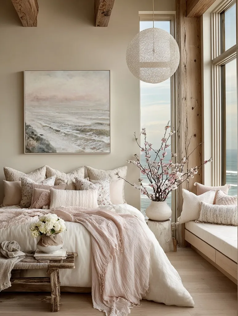 A serene bedroom features a large bed dressed in creamy white linens and a blush-pink throw.  A seascape painting hangs above the bed, complementing the room's coastal vibe.  A flowering branch in a vase sits on a small pedestal near a window seat overlooking the ocean. The overall aesthetic is calming and minimalist, with natural light and neutral tones dominating the space.  A rustic wooden bench adds a touch of warmth.