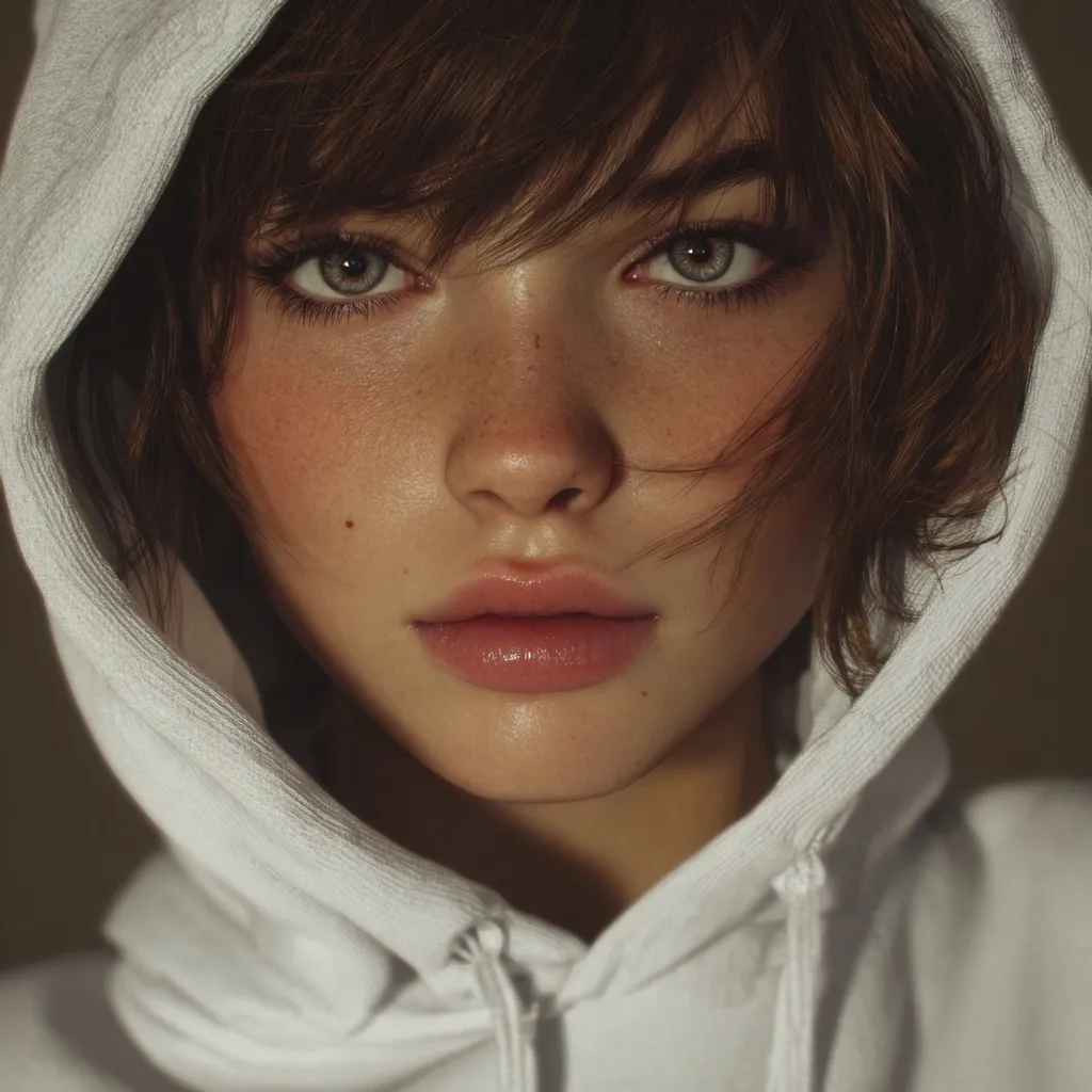 Close-up portrait of a young woman with short brown hair, wearing a white hoodie.  Her face is subtly freckled, with large, expressive eyes and soft, natural makeup. The lighting highlights her features, creating a soft and ethereal mood. The overall impression is one of youthful beauty and serenity.