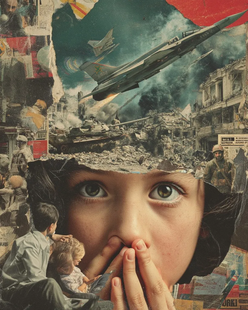 A poignant collage depicts a child's face framed by a torn, war-ravaged cityscape.  The girl's frightened expression is juxtaposed with images of fighter jets, tanks, and soldiers, creating a powerful visual narrative of conflict and its devastating impact on innocent lives.  Younger children huddle near her, adding to the scene's sense of vulnerability and fear.  The overall effect is a deeply moving commentary on the human cost of war.