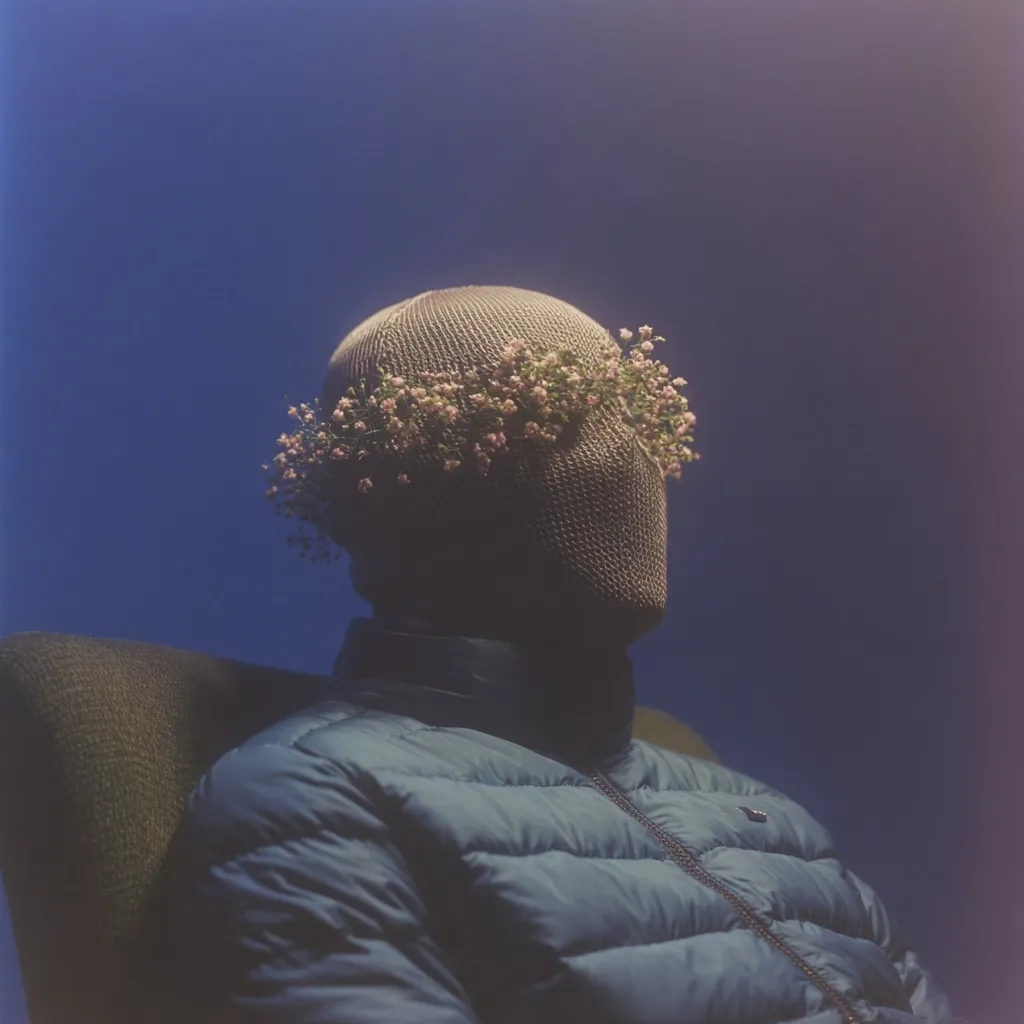 A mannequin, wearing a knitted balaclava adorned with a delicate crown of small pink flowers, sits in a teal puffer jacket against a deep blue backdrop.  The image has a surreal and slightly melancholic quality, emphasizing the contrast between the concealing mask and the fragile beauty of the flowers. The lighting is soft and diffused, creating a dreamlike atmosphere.
