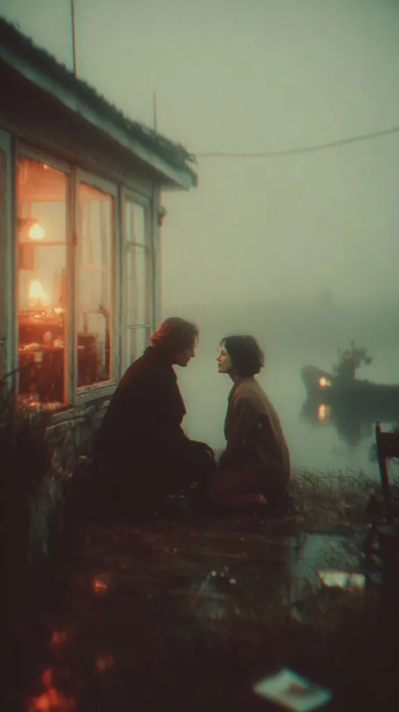 A misty, atmospheric scene unfolds. A man and woman, deeply engrossed in each other, sit close by a dimly lit house near a still body of water.  The warm glow from the interior contrasts with the cool, fog-shrouded exterior. A boat is visible in the distance, adding to the serene yet slightly melancholic mood of the image.  The overall aesthetic is dark, romantic, and evocative.