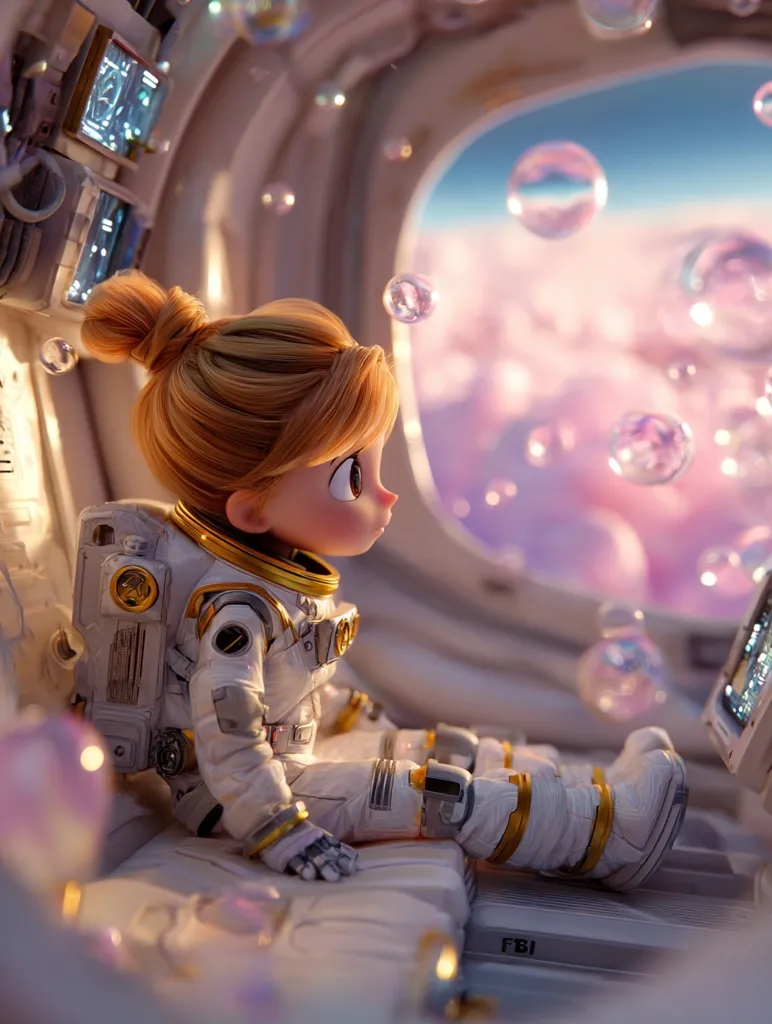 A cute, cartoonish girl astronaut, with blonde hair in a bun, sits in a spaceship.  She's wearing a detailed white and gold spacesuit and gazing out the porthole at a dreamy, pink-hued cloudscape outside.  Floating bubbles surround her, adding a magical, whimsical touch to the scene.  The spaceship interior is clean and futuristic.