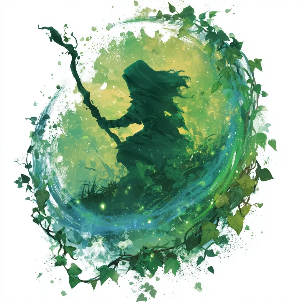 A hooded figure, possibly a sorceress or druid, is depicted in a circular frame of vibrant green ivy and ethereal, glowing water.  The silhouette holds a staff, suggesting a connection to nature and magic. The artwork is painterly, with soft, blended colors and a mystical atmosphere.  The overall effect is one of enchantment and hidden power within a verdant, magical world.