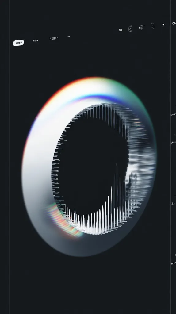 A digital art piece showcases a circular, three-dimensional structure with a textured surface resembling thin, vertical spikes.  It's encircled by a translucent, iridescent halo exhibiting a rainbow effect. The backdrop is a deep black, emphasizing the object's luminescence and intricate detail.  Minimalist text elements are subtly placed at the top. The overall aesthetic is dark, abstract, and visually captivating.