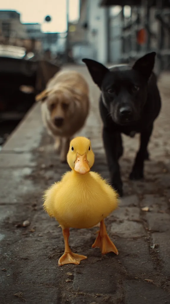 A fluffy yellow duckling stands in the foreground, facing the camera.  Behind it, slightly out of focus, are two dogs: a golden retriever-like dog and a black dog, both seemingly walking along with the duckling.  The background is a blurred city street. The image evokes a sense of unexpected companionship between the duckling and the dogs.