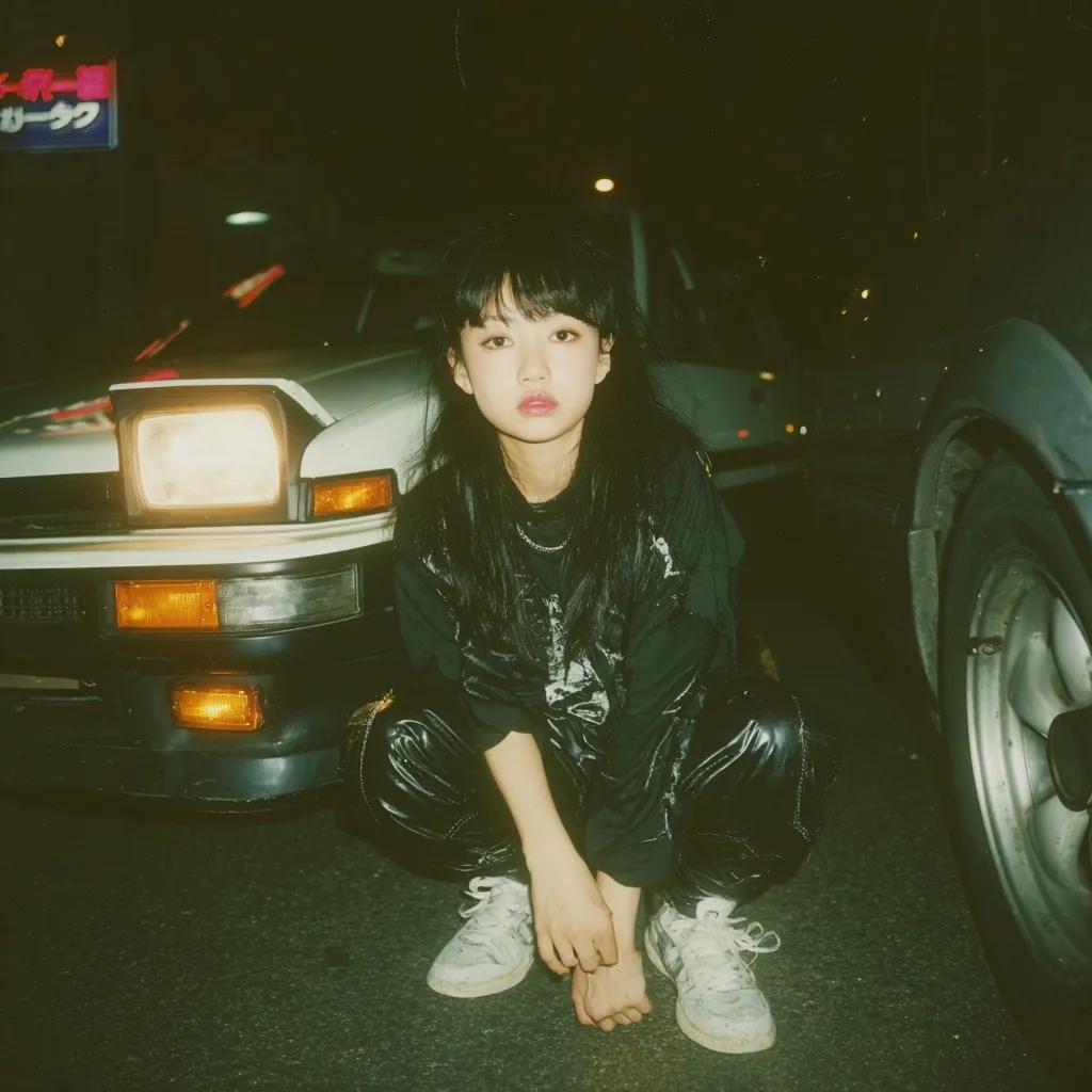 A young woman with dark hair crouches in front of a white car at night.  She wears a black long-sleeved shirt, black leather pants, and white sneakers. The setting appears to be a Japanese street, with a blurred background and the glow of streetlights. The image has a grainy, nostalgic, film-like quality.  The car's headlights are illuminated, adding to the nighttime atmosphere.